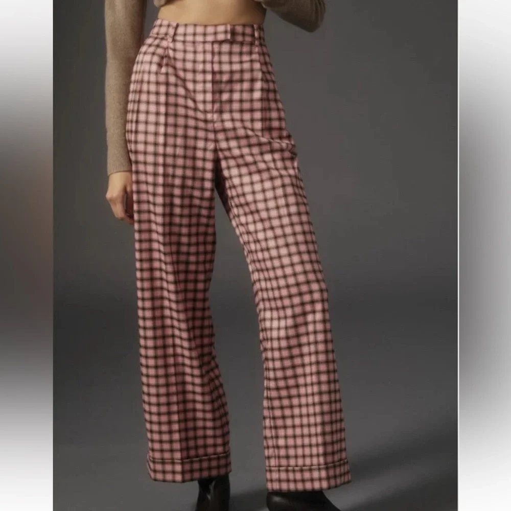 Anthropologie FRNCH Pink and Black Plaid Wide Leg Pants S